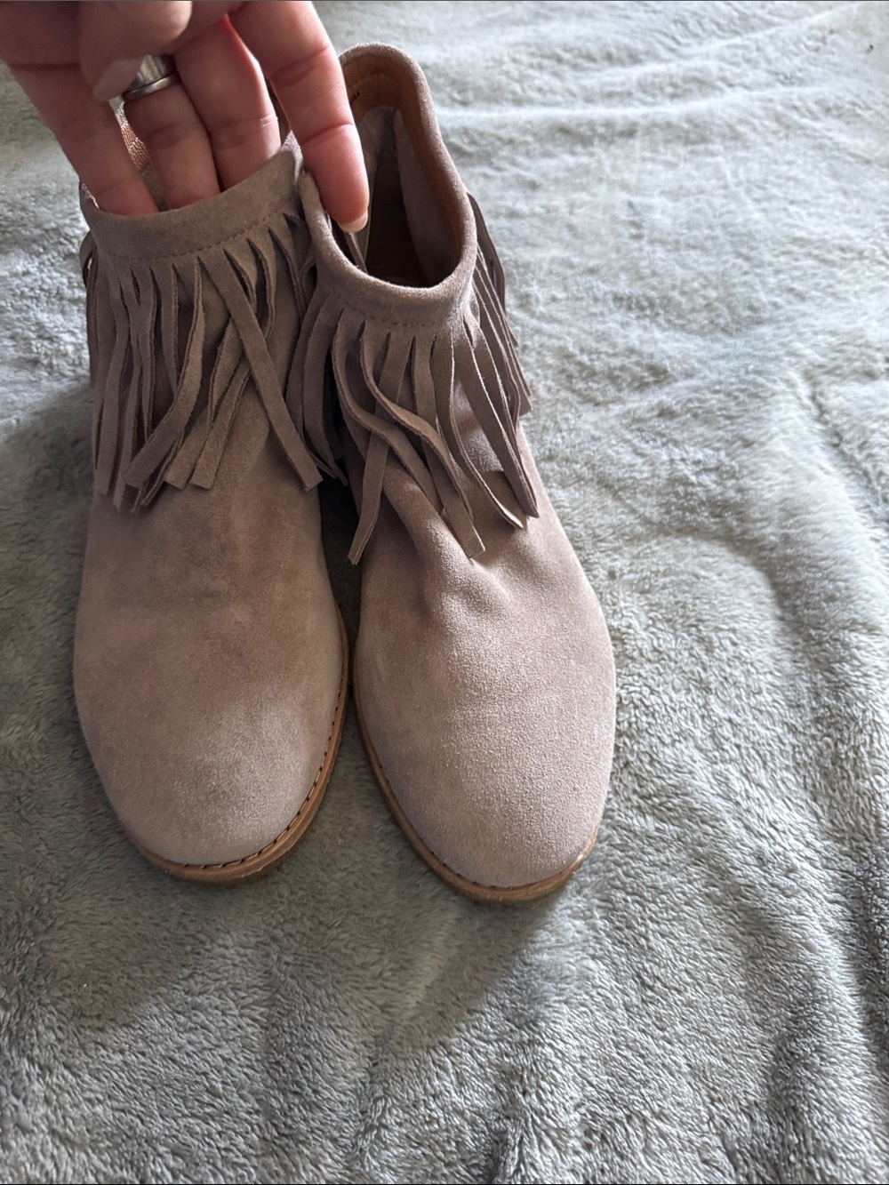 Kate Spade leather Fringe Suede Ankle Booties - Taupe